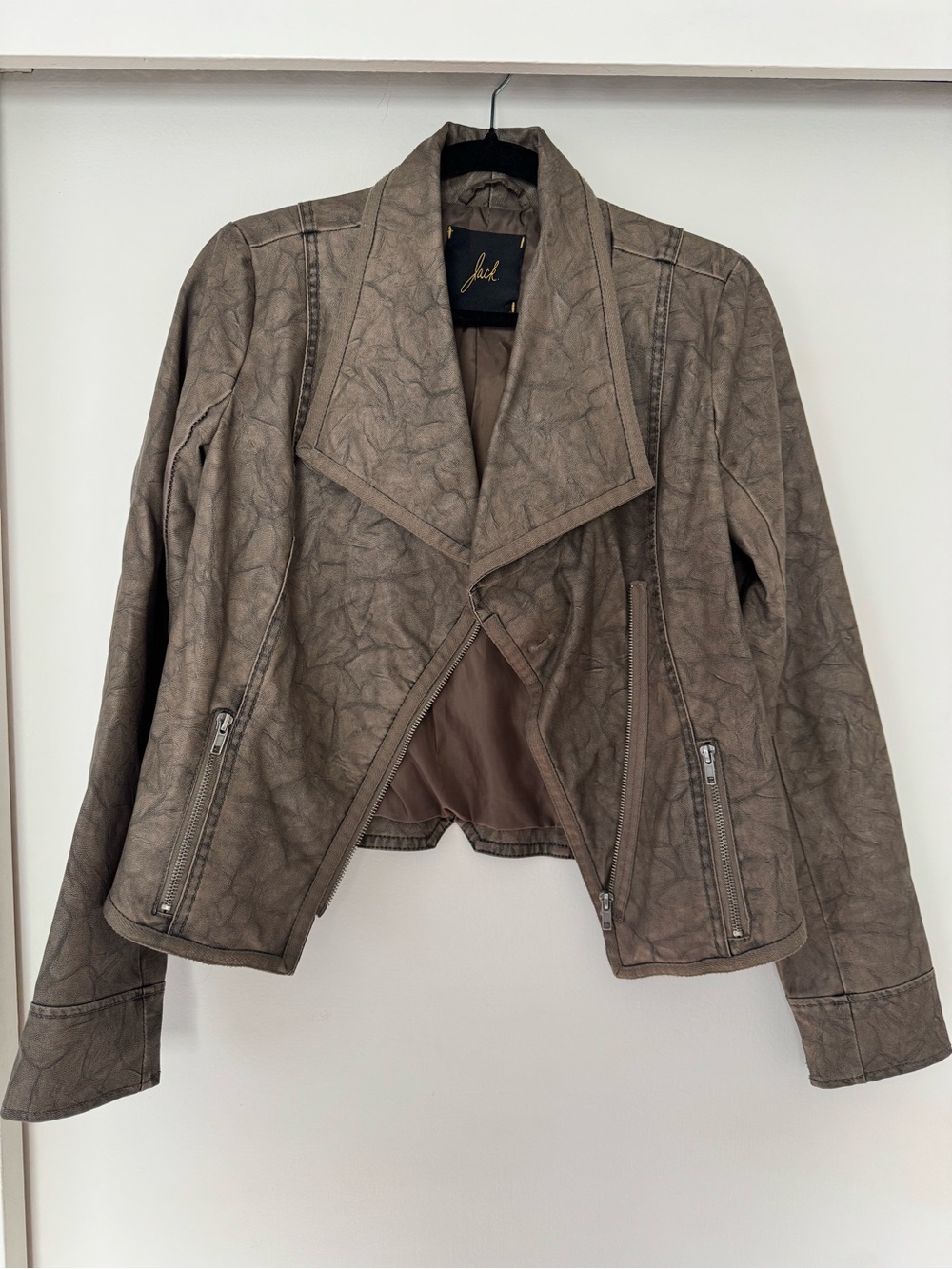 Jack by BB Dakota Taupe Faux-Leather Draped Moto Jacket